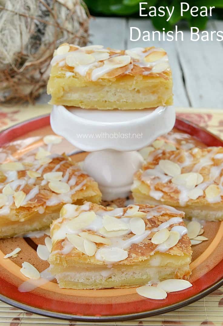 Easy Pear Danish Bars are quick to make - flaky pastry with a divine, yet simple Pear filling. These Pear Danishes will steal the show at any party [perfect everyday dessert too!] #PearDessert #PearRecipes #PearDanishRecipe #DanishRecipe #EasyDanishRecipe