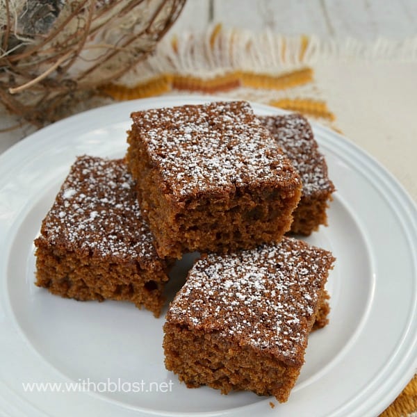 Gingerbread Snacking Cake ~ Rich, tasty Molasses, Gingerbread cake which is moist, soft and even better the next day #Gingerbread #Cake www.withablast.net