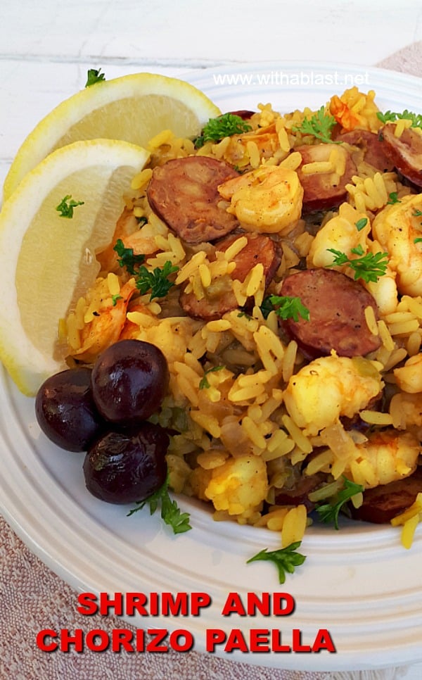 An easy, fool-proof recipe for Shrimp and Chorizo Paella - the perfect, quick dinner for busy week days and always a hit with my family and friends #Paella #EasyPaella #ShrimpPaella #QuickDinnerRecipes