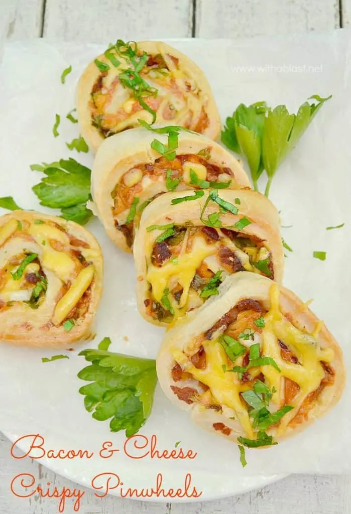 These scrumptious Pinwheels are crispy, more like a biscuit, and together with the filling makes a delicious appetizer or party snack which will fly off your party platter