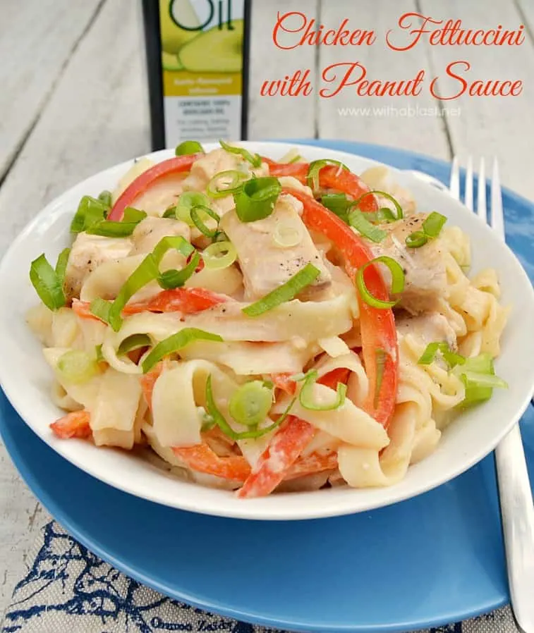 Chicken Fettuccini with Peanut Sauce is a scrumptious Low-Fat Chicken Pasta and is smothered in just enough Peanut Sauce to make it not only healthy, but delicious as well #ChickenFettuccini #ChickenRecipes #HealthyDinner #HealthyChickenRecipes