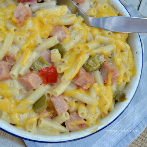 Creamy Ham Casserole ~ The creamiest, most delicious spin on the popular "Mac and Cheese" around ! Not only delicious, but quick and easy to make as well, using everyday ingredients and perfect for a weeknight dinner