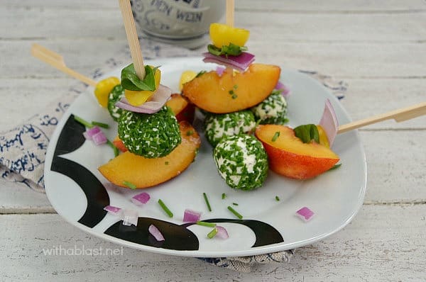 Peach and Cheese Ball Sticks ~ An Appetizer or snack on a stick is always a winner and these are absolutely divine ! Especially great to serve at a BBQ 