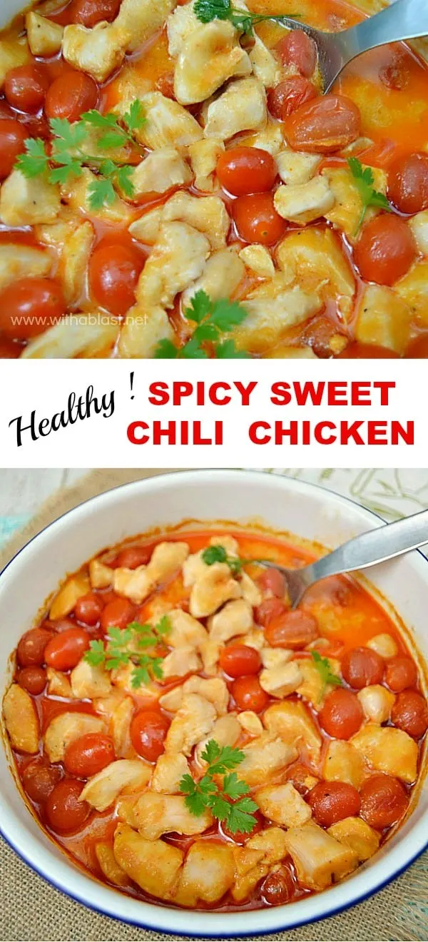 Spicy Sweet Chili Chicken - This low-fat Dump-and-Bake Chicken casserole is done in under 40 minutes (start to serving)