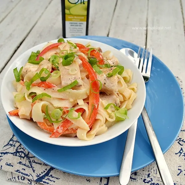 Chicken Fettuccini with Peanut Sauce ~ This scrumptious Low-Fat Chicken Pasta dish is smothered in just enough Peanut Sauce to make it not only healthy, but delicious as well !