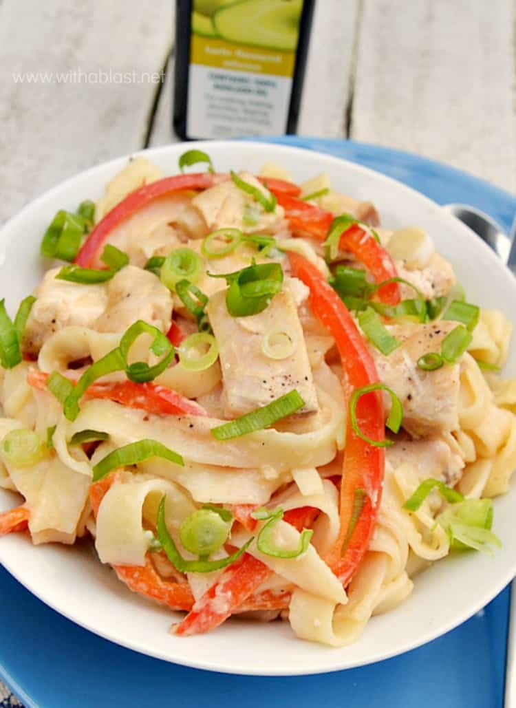 Chicken Fettuccini with Peanut Sauce is a scrumptious Low-Fat Chicken Pasta and is smothered in just enough Peanut Sauce to make it not only healthy, but delicious as well #ChickenFettuccini #ChickenRecipes #HealthyDinner #HealthyChickenRecipes