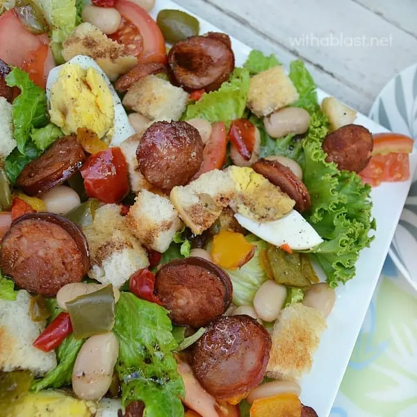 Chorizo Egg and Bean Salad ~ Rich, filling salad which is perfect for lunch / light dinner with a dinner roll - lots of protein in this Chorizo Egg and Bean Salad !