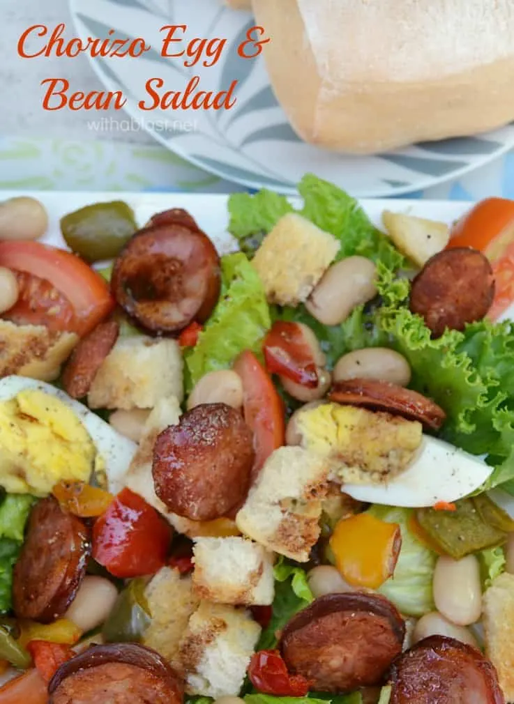 Chorizo Egg and Bean Salad is a rich, filling salad which is perfect for lunch/light dinner with a dinner roll - lots of protein in this Salad ! #BeanSalad #MeatySalad #LunchSalad #LightDinnerRecipes 