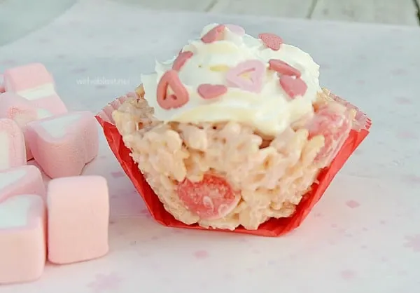 Rice Krispie Cupcakes for Valentine's Day is a no-bake sweet treat. The Rice Krispies and the surprise Jelly candies make these a hit every time !