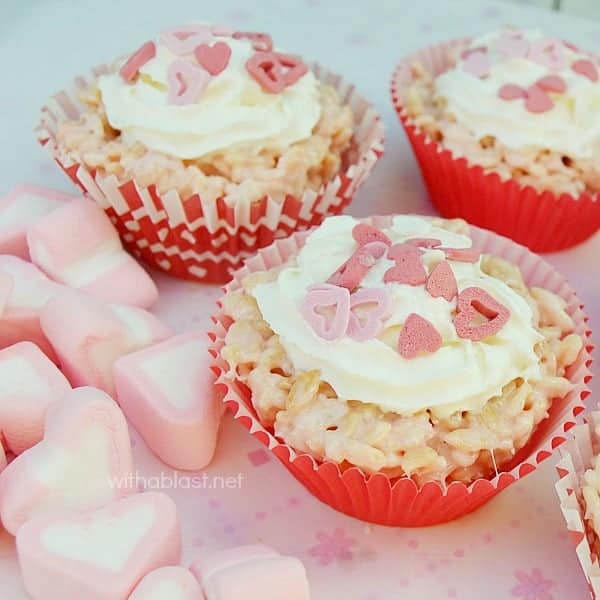 Rice Krispie Cupcakes for Valentine's Day is a no-bake sweet treat. The Rice Krispies and the surprise Jelly candies make these a hit every time !