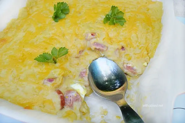All-In-One Breakfast Bake ~ Eggs, sausages and corn make this dish perfect for an easy breakfast ~ tips for preparing this dish for camping given as well ! 