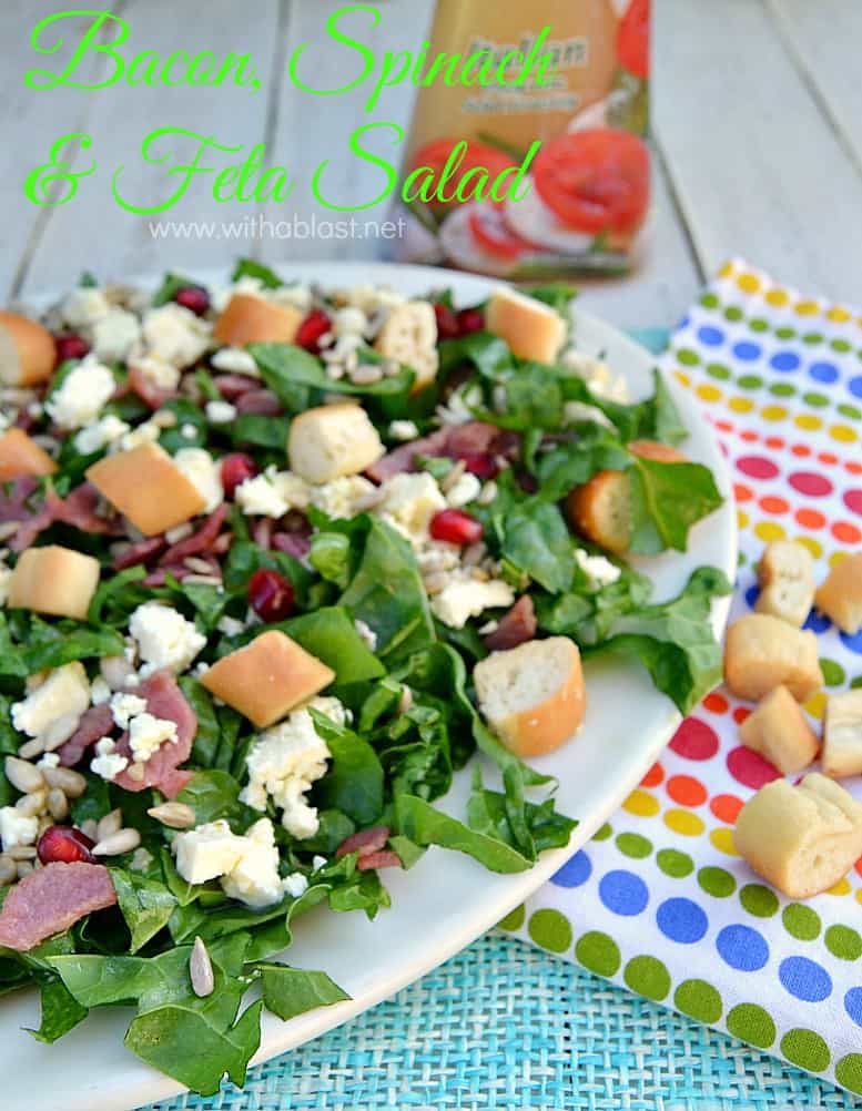 Bacon Spinach and Feta Salad is one of the quickest, easiest and low-feta salads around ! Serve this 15 minute salad as a side dish or for lunch #SpinachSalad #LowFatSalad #HealthyEating #LunchRecipes #SideDishRecipes