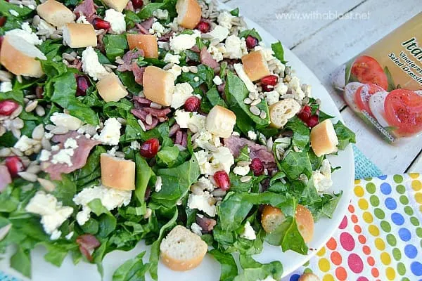 Bacon Spinach and Feta Salad ~ One of the quickest, low-fat healthy Salads around ! Serve this Bacon Spinach and Feta Salad for lunch, as a light dinner or as a side dish