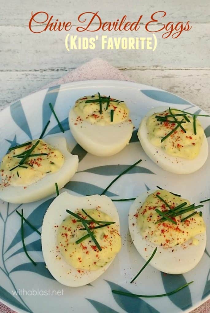 Chive Deviled Eggs (Kids' Favorite) ~ Kids (and adults!) go crazy over these Chive Deviled Eggs, which make perfect Easter appetizers or snacks