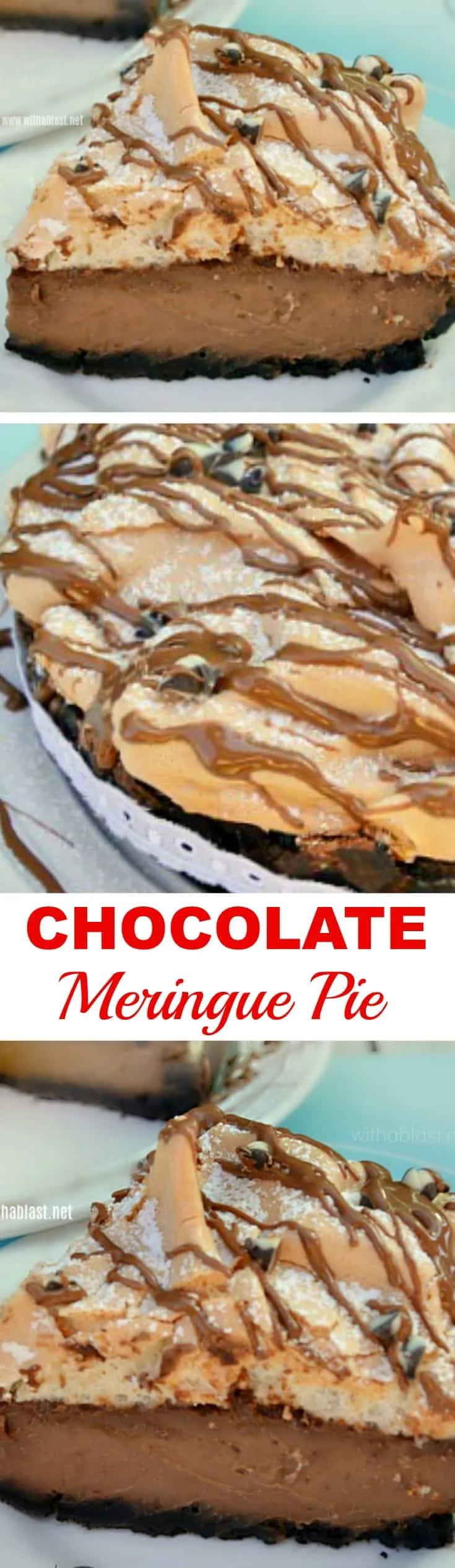 Chocolate Meringue Pie has a smooth, silky, almost ganache-like filling with a bit of an unusual, divine Meringue topping - so easy to make! #ChocolatePie #ChocolateMeringue 