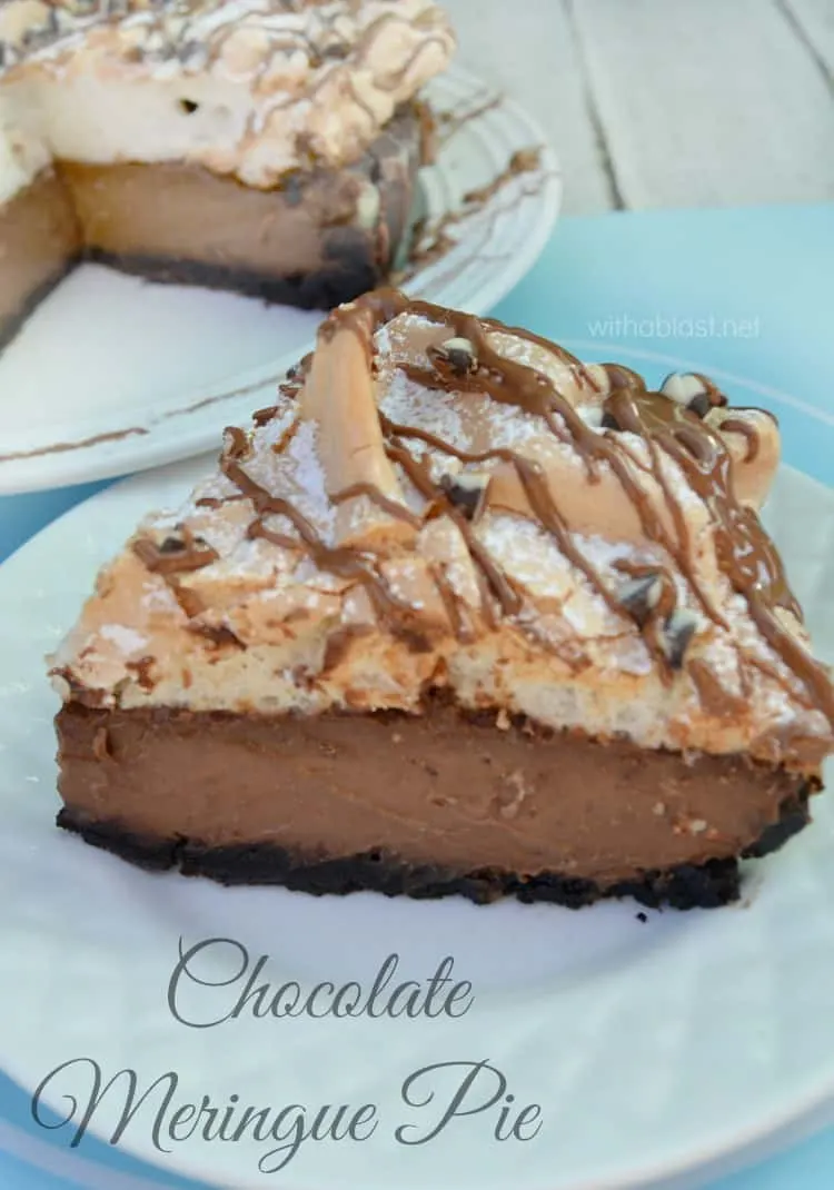 Chocolate Meringue Pie has a smooth, silky, almost ganache-like filling with a bit of an unusual, divine Meringue topping - so easy to make! #ChocolatePie #ChocolateMeringue 