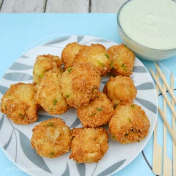 How to easily make Crumbed Mushrooms at home with a creamy Blue Cheese dipping Sauce {not a fan of Blue Cheese - use your favorite sauce!}