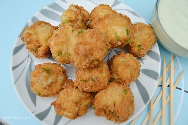 How to easily make Crumbed Mushrooms at home with a creamy Blue Cheese dipping Sauce {not a fan of Blue Cheese - use your favorite sauce!}