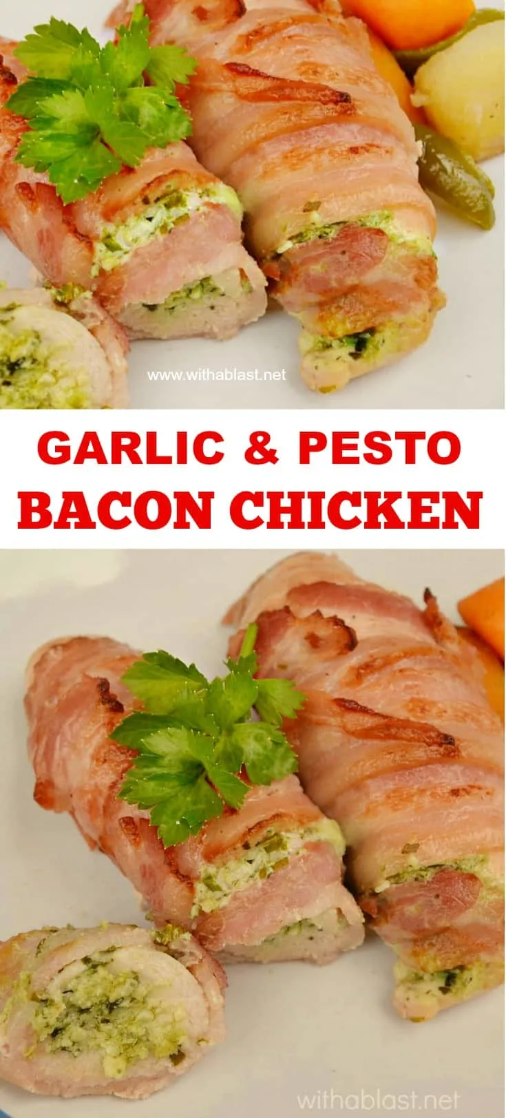Garlic and Pesto Bacon Chicken is tender, juicy and deliciously cream cheese filled - all wrapped in bacon to make the Chicken extra special #ChickenRecipes #StuffedChicken #PestoChicken #BaconWrappedChicken 