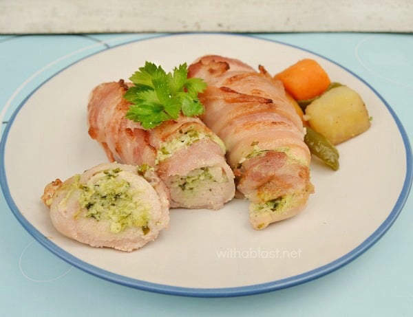 Garlic and Pesto Bacon Chicken is tender, juicy and deliciously cream cheese filled - all wrapped in bacon to make the Chicken extra special