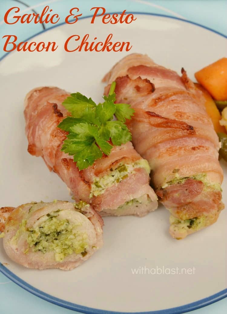 Garlic and Pesto Bacon Chicken is tender, juicy and deliciously cream cheese filled - all wrapped in bacon to make the Chicken extra special #ChickenRecipes #StuffedChicken #PestoChicken #BaconWrappedChicken 