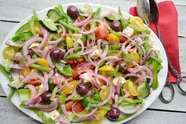 Greek Salad with Marinated Onions ~ The ever popular Greek Salad gets a small makeover and it is scrumptious ! Definitely a salad recipe you need to add to your collection, especially when you have a BBQ !