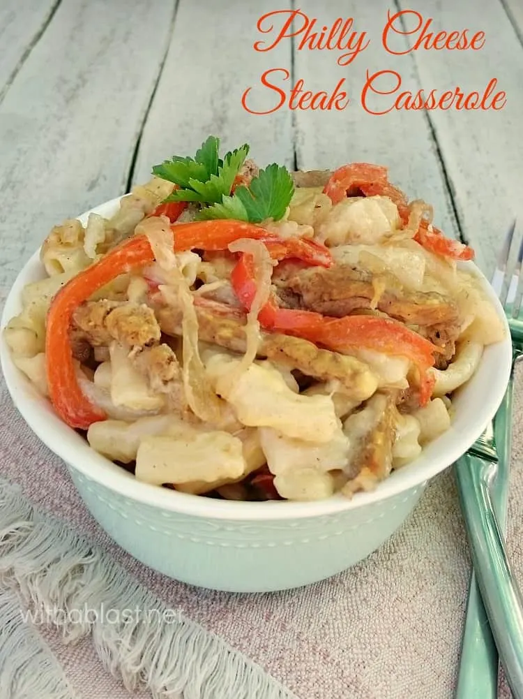 This pasta based Philly Cheese Steak Casserole can easily be doubled - pressed for time ? you can have the dish on the table in LESS than 30 minutes ! #PhillyCheeseSteak #PhillyCasserole #SteakCasserole #MacAndCheese #PastaDish #ComfortFoodRecipes