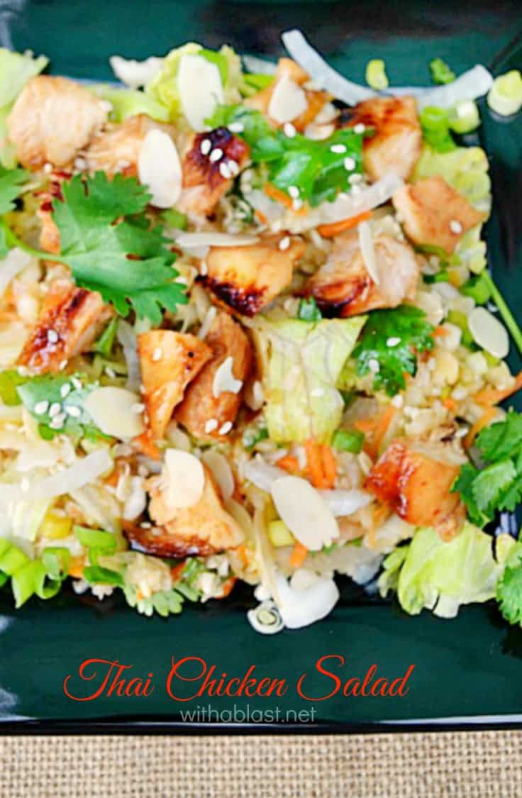 Quick lunch or light dinner ? This Thai Chicken Salad is perfect and you can do all the prepping in advance ! Very filling and packed with vegetables #ChickenSalad #ThaiChicken #MakeAheadSalad