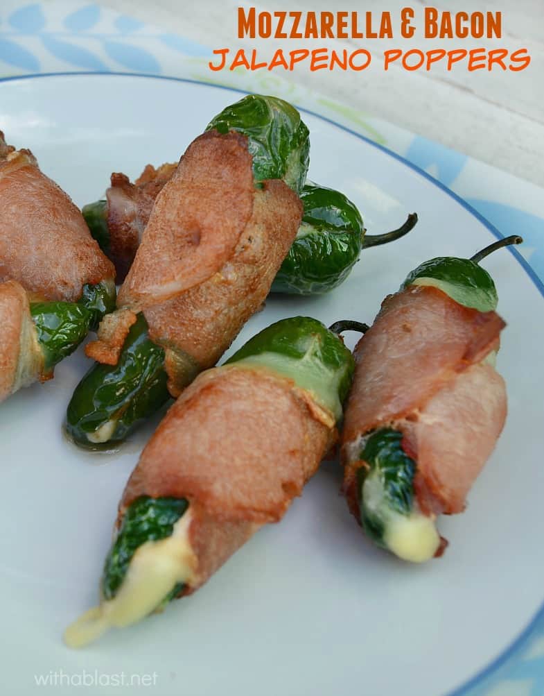 Mozzarella and Bacon Jalapeno Poppers ~ These Gooey Cheese filled Jalapeno Poppers are easy to make and ready within minutes ~ serve as an appetizer or as part of your savory snacks tray !