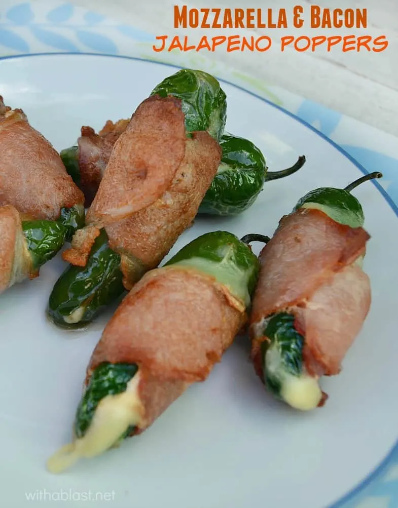 Mozzarella and Bacon Jalapeno Poppers ~ These Gooey Cheese filled Jalapeno Poppers are easy to make and ready within minutes ~ serve as an appetizer or as part of your savory snacks tray !