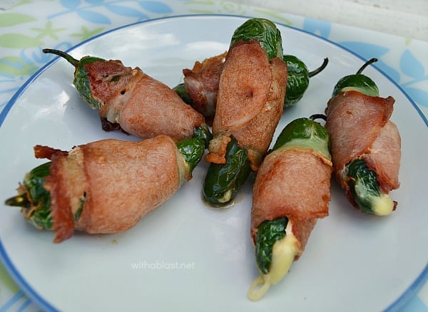 Mozzarella and Bacon Jalapeno Poppers ~ These Gooey Cheese filled Jalapeno Poppers are easy to make and ready within minutes ~ serve as an appetizer or as part of your savory snacks tray !