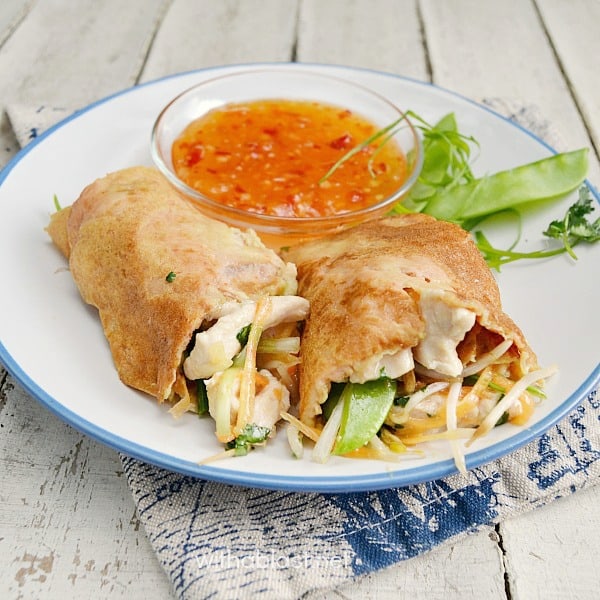 Coconut-Turmeric Pancakes filled with an amazing Vietnamese Style Chicken filling (Filling can be used in wraps, rolls etc)