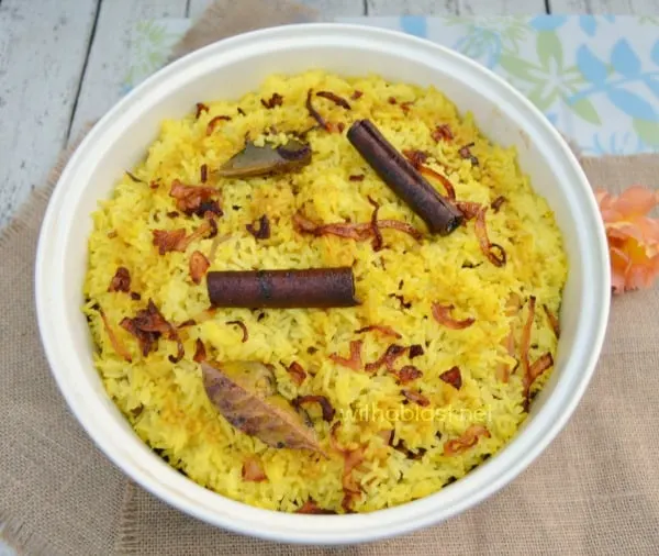 Chicken Breyani with Raita is a spicy, comforting meal to serve on a cool evening - filled with the best spices and all pantry ingredients