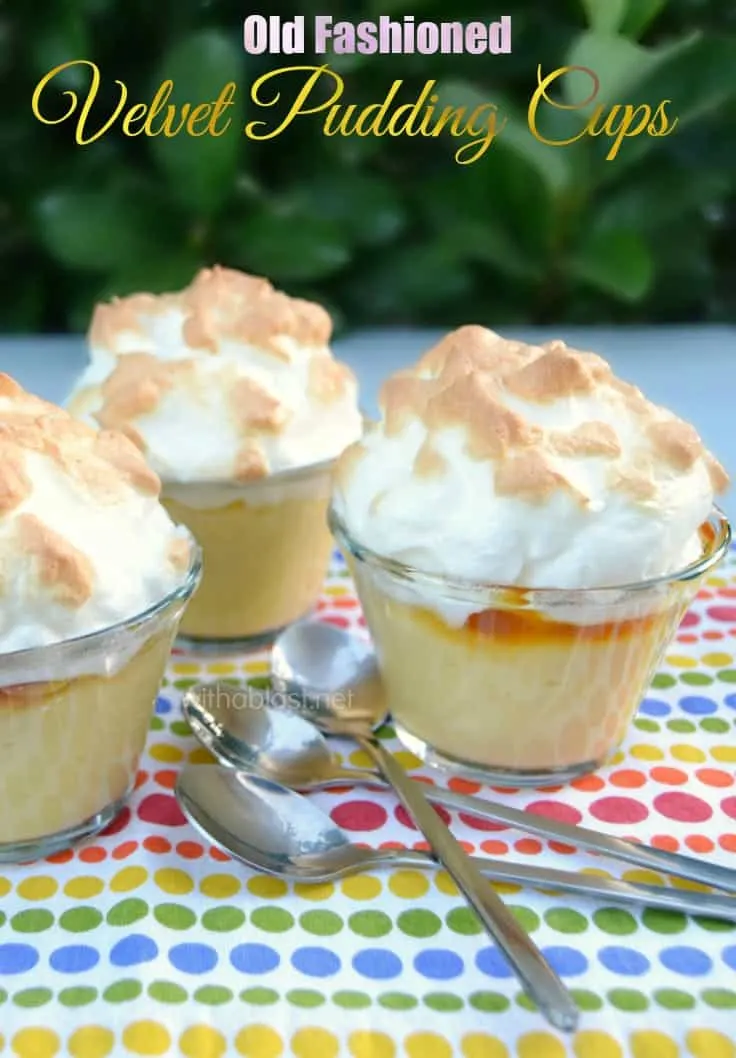 Old-Fashioned Velvet Pudding Cups (also known as Fluweel Poeding) are silky smooth with a delicious sweet layer between the pudding and the meringue - serve warm or at room temperature  #Pudding #FluweelPoeding #BakedDessert