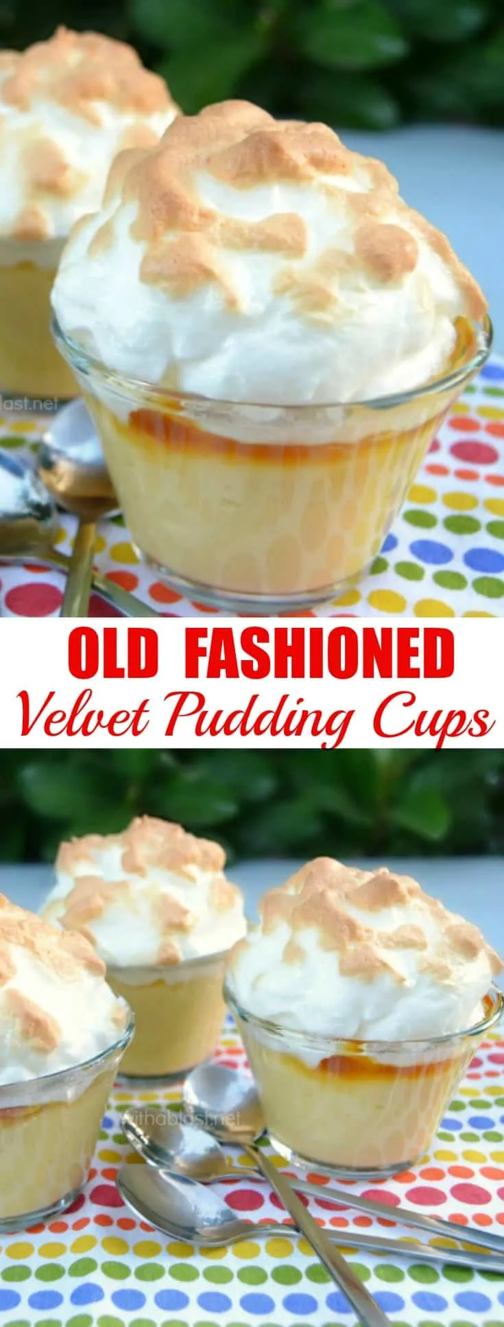 Old-Fashioned Velvet Pudding Cups (also known as Fluweel Poeding) are silky smooth with a delicious sweet layer between the pudding and the meringue - serve warm or at room temperature  #Pudding #FluweelPoeding #BakedDessert