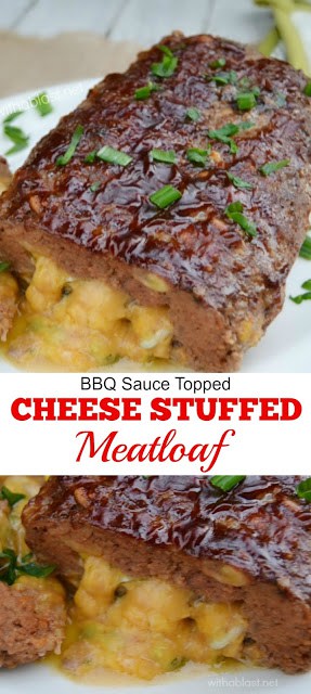 Easy stuffed Meatloaf with gooey Cheese and a delicious BBQ topping - perfect any day dinner 