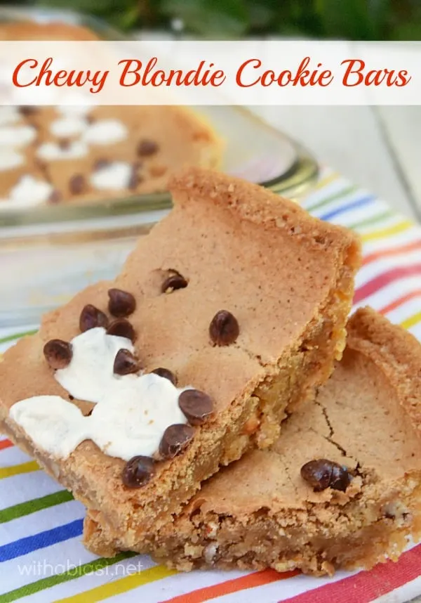 Chewy Blondie Cookie Bars have a gooey center and a crunchy top and edges - double delight and ideal to serve at tea time or for dessert