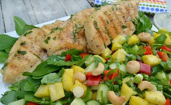 Tender, juicy Chicken with Pineapple and Vegetables on a bed of Rice and Baby Greens - complete Lunch or Dinner Chicken and Pineapple Rice Salad