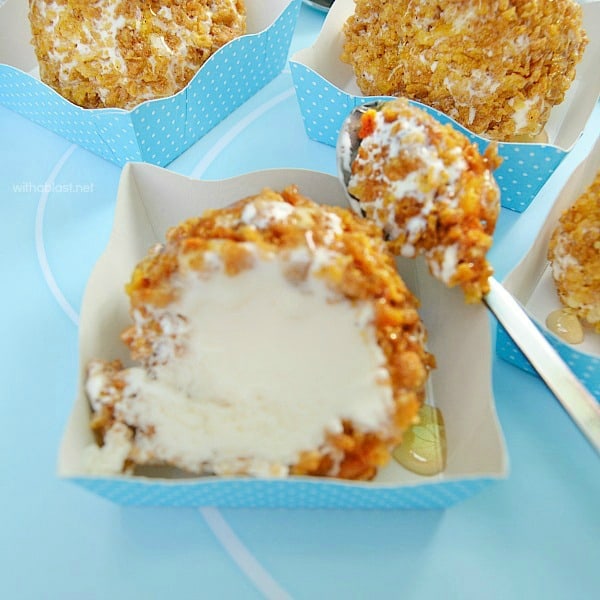Make a large batch of these melt-in-the-mouth Crusted Honey Ice-Cream Bombs which keeps well in the freezer for weeks and you will always have a tasty treat on hand ~ tastes like fried ice-cream, but less trouble ! Everyone's favorite Summer frozen treat ! #IceCreamBombs #IceCream #MakeAheadTreats