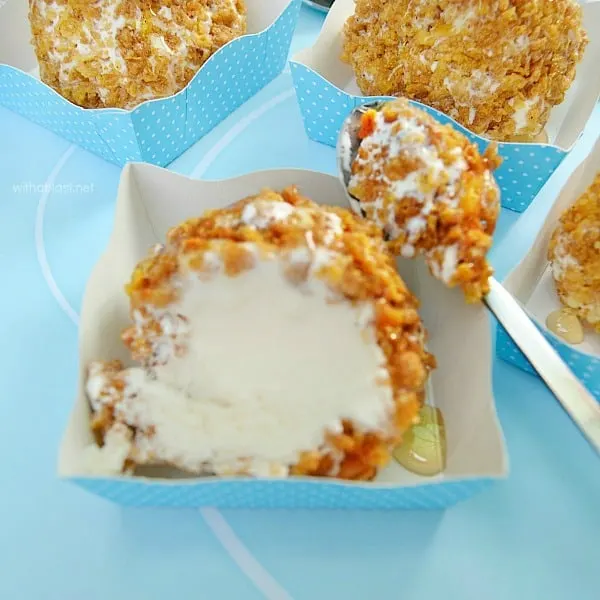 Make a large batch of these melt-in-the-mouth Crusted Honey Ice-Cream Bombs which keeps well in the freezer for weeks and you will always have a tasty treat on hand ~ tastes like fried ice-cream, but less trouble ! Everyone's favorite Summer frozen treat ! #IceCreamBombs #IceCream #MakeAheadTreats Make a large batch of these melt-in-the-mouth Crusted Honey Ice-Cream Bombs which keeps well in the freezer for weeks and you will always have a tasty treat on hand ~ tastes like fried ice-cream, but less trouble ! Everyone's favorite Summer frozen treat ! #IceCreamBombs #IceCream #MakeAheadTreats