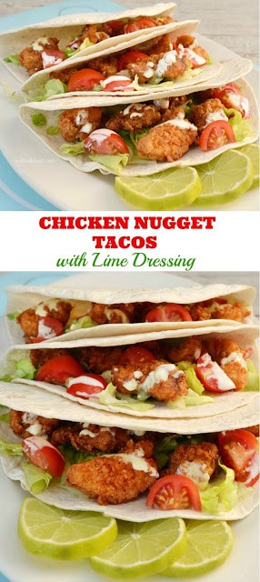 Mildly spiced Chicken Nuggets in soft Tacos with a delicious Lime Dressing drizzled over - will become a family favorite soon !