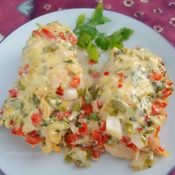 Creamy Sweet Chili Chicken is so tender, juicy and smothered in a low-fat, creamy sauce ~ easy dump and bake recipe for a perfect easy week night dinner.