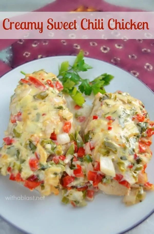 Creamy Sweet Chili Chicken is so tender, juicy and smothered in a low-fat, creamy sauce ~ easy dump and bake recipe for a perfect easy week night dinner.