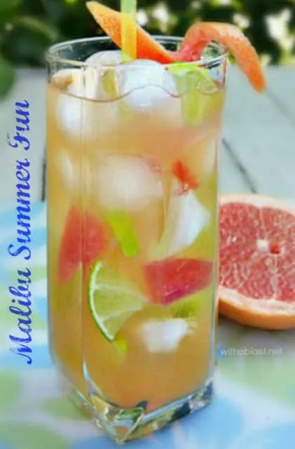 The most FUN, refreshing Malibu Cocktail for this Summer ! Looks very inviting with the green and pink/red fruit pieces and a non-alcoholic alternative is also given.