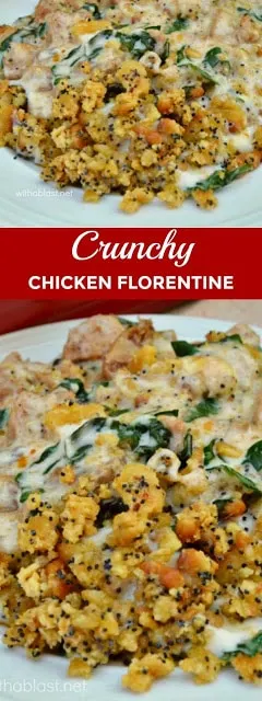 Cheesy Chicken smothered in a creamy Spinach/Mushroom sauce with a delicious, easy crunchy topping - perfect week night dinner