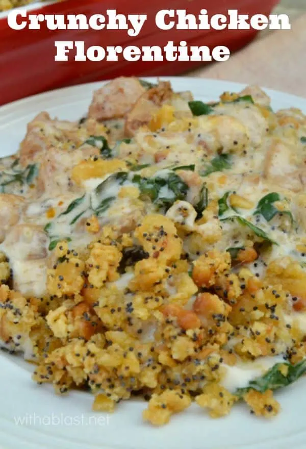 Cheesy Chicken smothered in a creamy Spinach/Mushroom sauce with a delicious, easy crunchy topping - perfect week night dinner