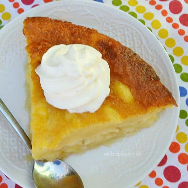 Crustless Pineapple Pie is quick, easy and delicious ~ seconds are always requested when I serve this mix and bake pie ! 