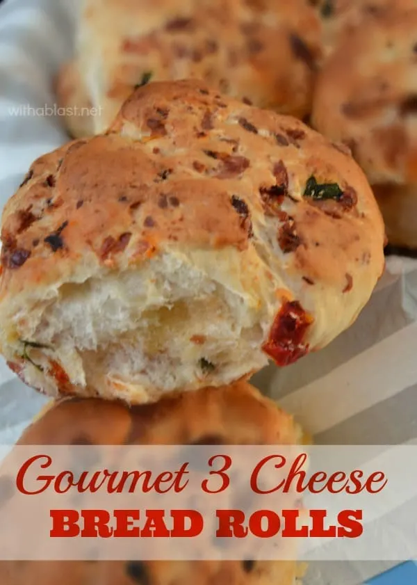 Gourmet 3 Cheese Bread Rolls not only have 3 Cheeses but, Tomato, Basil and more as well and it is the easiest recipe ever - Perfect side ! #EasyRolls #HomemadeRolls #GourmetRolls #DinnerRolls