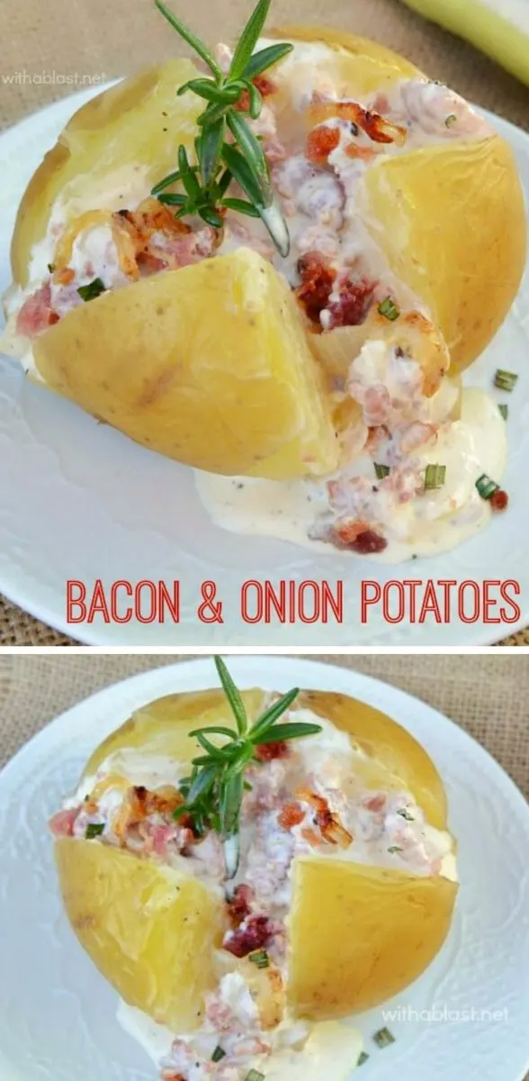 Ultra creamy, Bacon and Onion topped Potatoes ~ serve as an appetizer or side dish