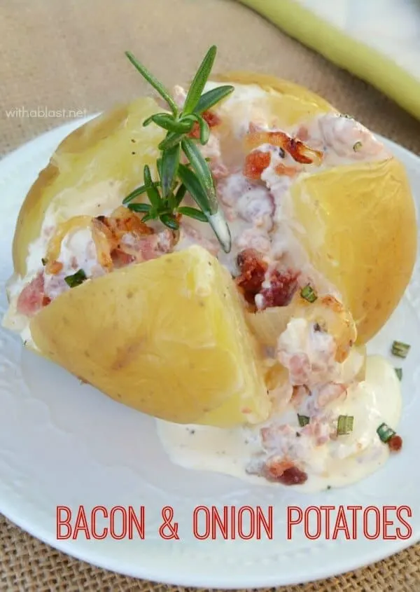 Ultra creamy, Bacon and Onion topped Potatoes ~ serve as an appetizer or side dish Bacon and Onion Potatoes